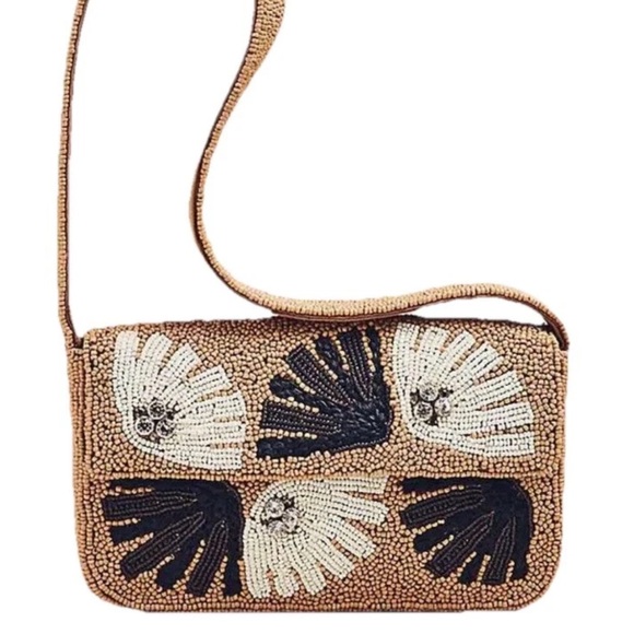 Anthropologie Handbags - Anthropologie Fiona Beaded Bag Neutral Celandine Tan Shell Floral Shoulder Bag